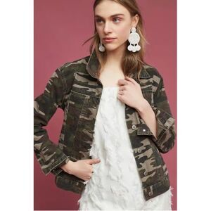 Anthropologie Pilcro Camo Jacket Size LG Denim Button Up Jean Trucker Army Green